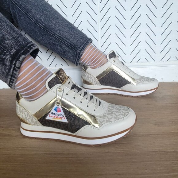 🤩Michael Kors Maddy Mixed Media Trainer Size 8 Women Casual Shoes Vanilla Gold - Picture 3 of 11